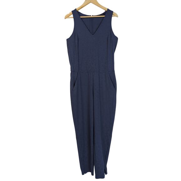 Athleta Brooklyn Textured Jumpsuit V Neck Leopard Print Purple Blue 10 - Picture 1 of 12